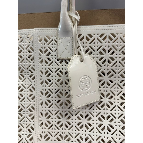 Tory Burch Perforated Patent Leather Tote White Bag - Picture 3 of 9